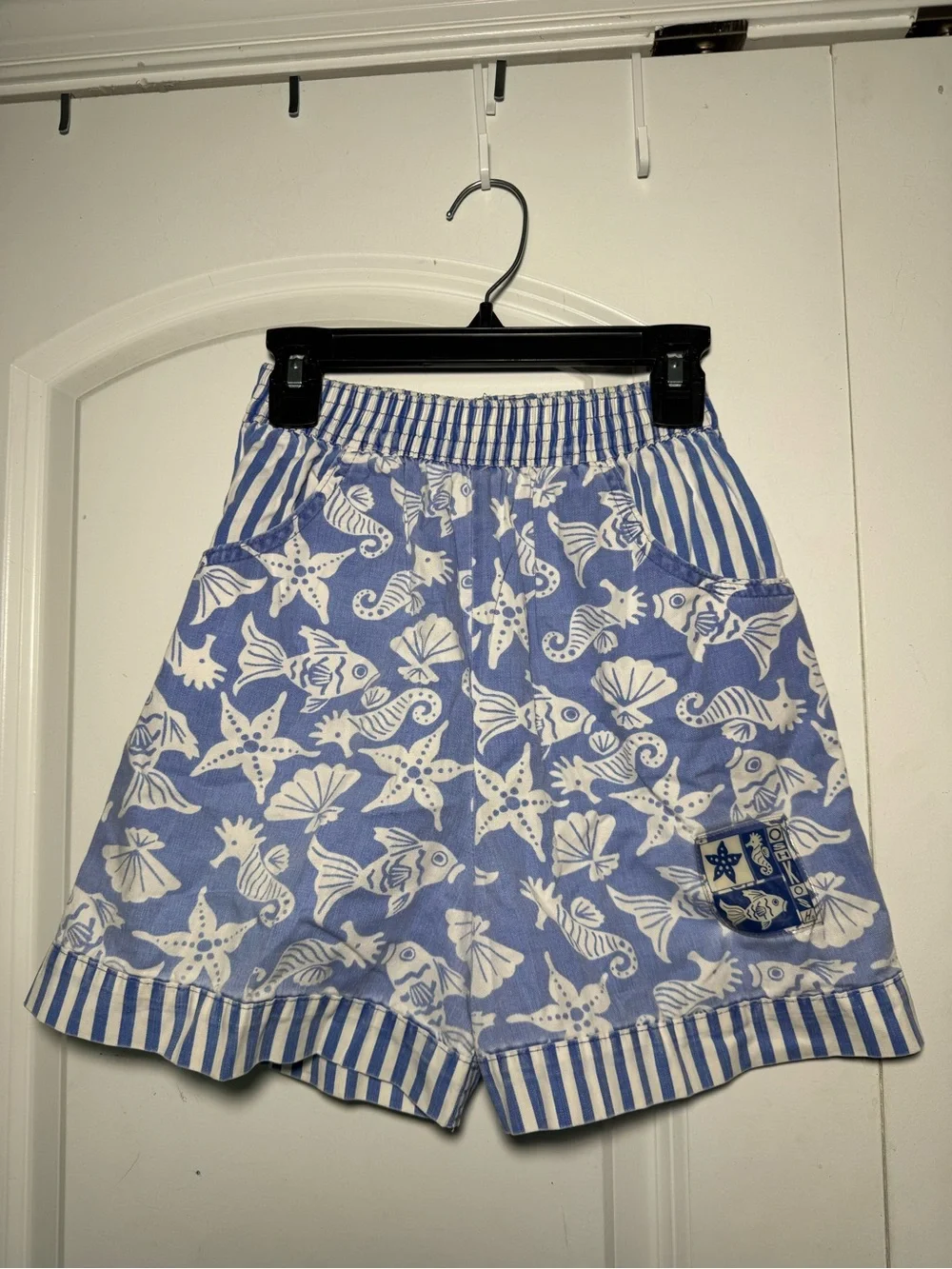 Vintage Blue White Sea-Life Print Kids Shorts